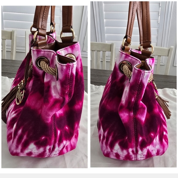 MICHAEL KORS MARINA Large Gathered Pink Tie-Dyed Canvas Drawstring Tassel Bag - Picture 8 of 16